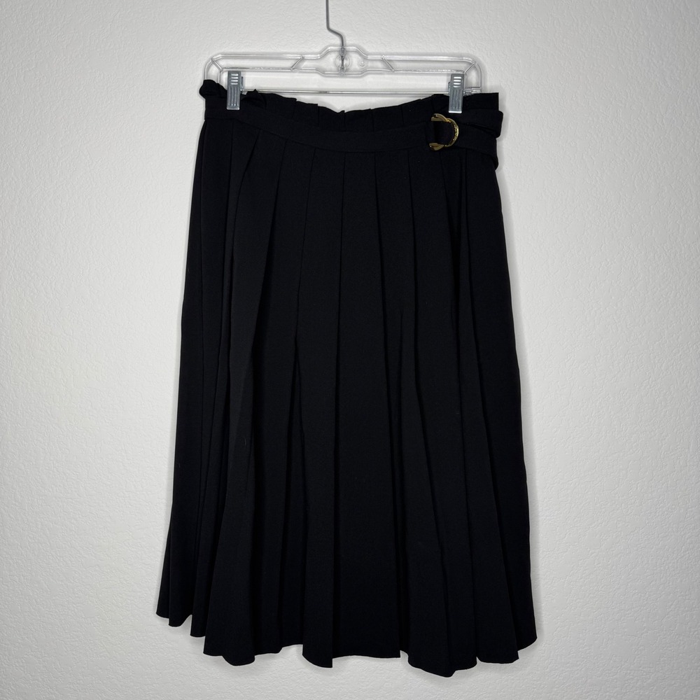 Calvin Klein Black Pleated Paperbag Waist Midi Skirt Gold D-Ring Belt Size 6